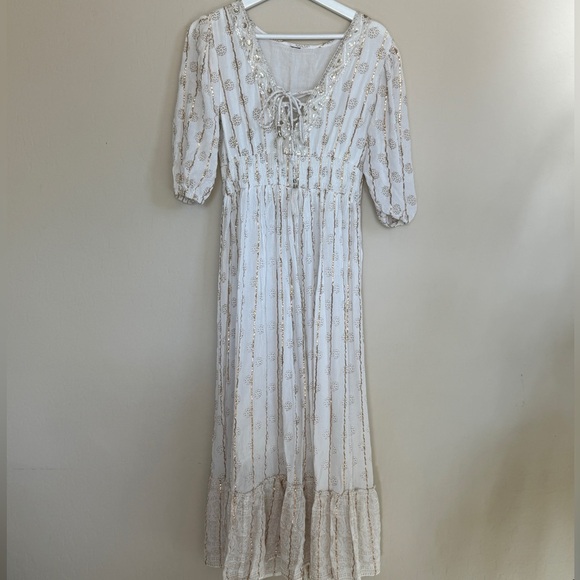 Boho White Maxi Metallic Detail White Gold Women's Puff Sleeve Dress - Picture 1 of 8